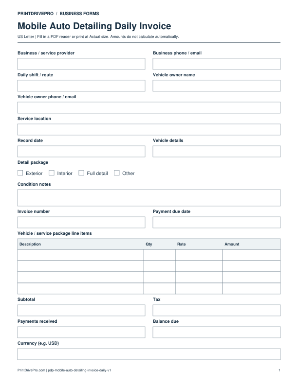 Preview of Mobile Auto Detailing Daily Invoice