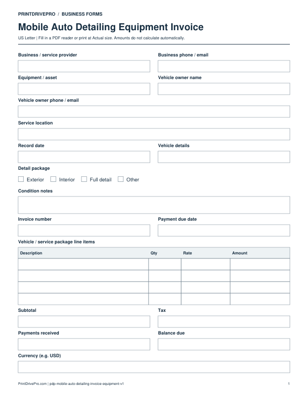Preview of Mobile Auto Detailing Equipment Invoice