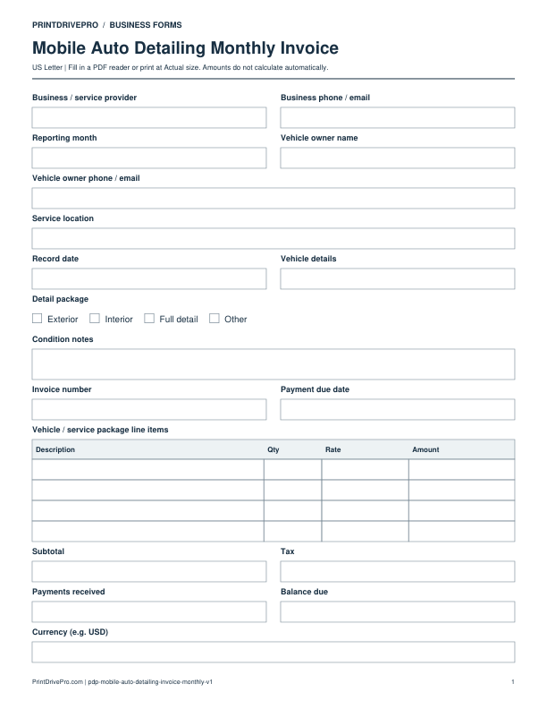 Preview of Mobile Auto Detailing Monthly Invoice