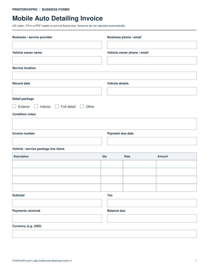 Preview of Mobile Auto Detailing Invoice