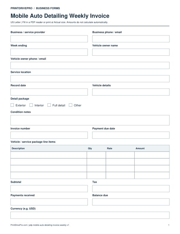 Preview of Mobile Auto Detailing Weekly Invoice