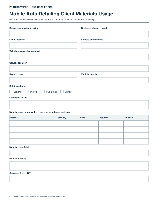 Preview of Mobile Auto Detailing Client Materials Usage