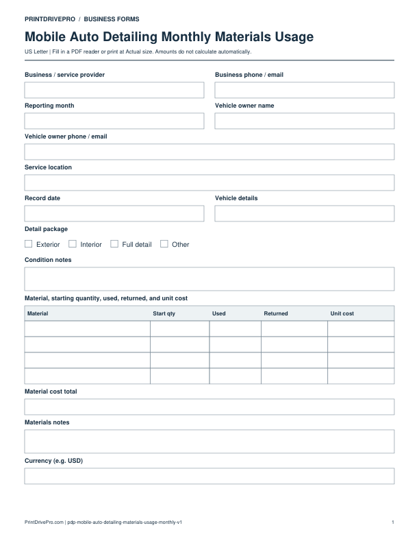 Preview of Mobile Auto Detailing Monthly Materials Usage