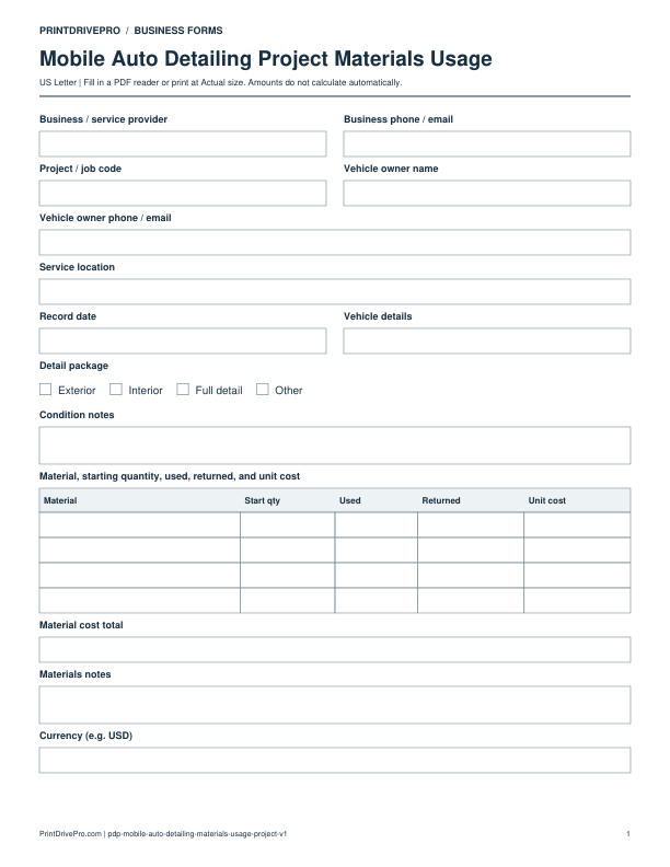 Preview of Mobile Auto Detailing Project Materials Usage