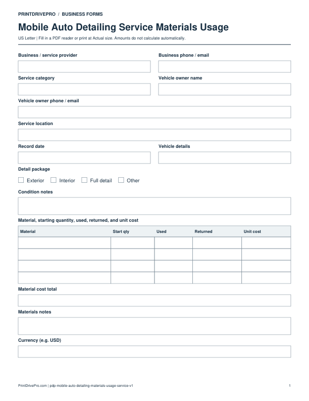 Preview of Mobile Auto Detailing Service Materials Usage