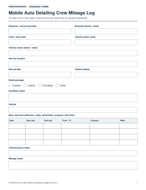 Preview of Mobile Auto Detailing Crew Mileage Log