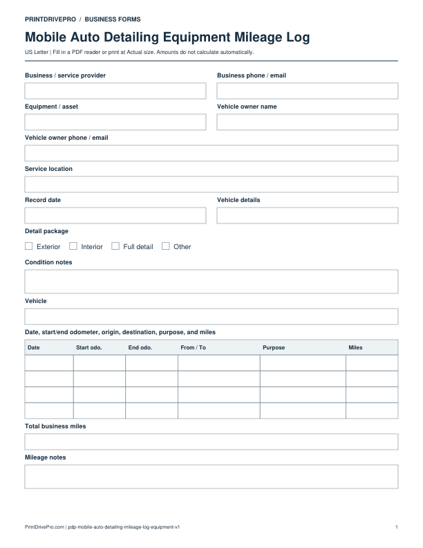 Preview of Mobile Auto Detailing Equipment Mileage Log