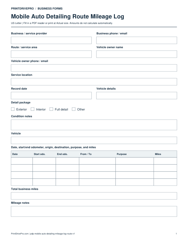 Preview of Mobile Auto Detailing Route Mileage Log