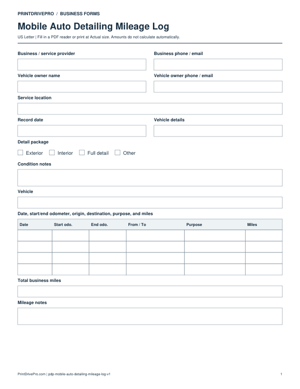 Preview of Mobile Auto Detailing Mileage Log