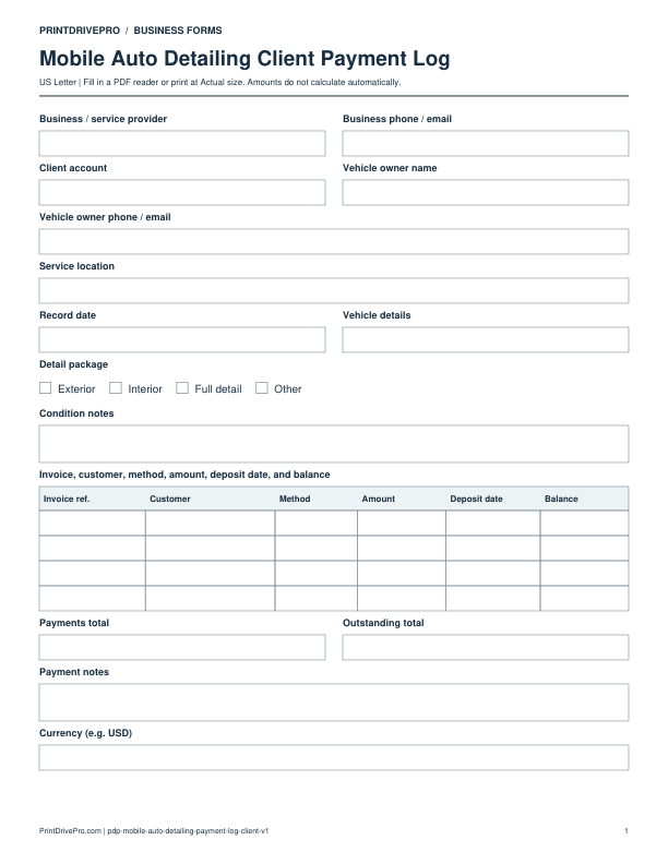 Preview of Mobile Auto Detailing Client Payment Log