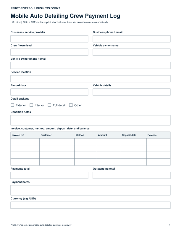 Preview of Mobile Auto Detailing Crew Payment Log