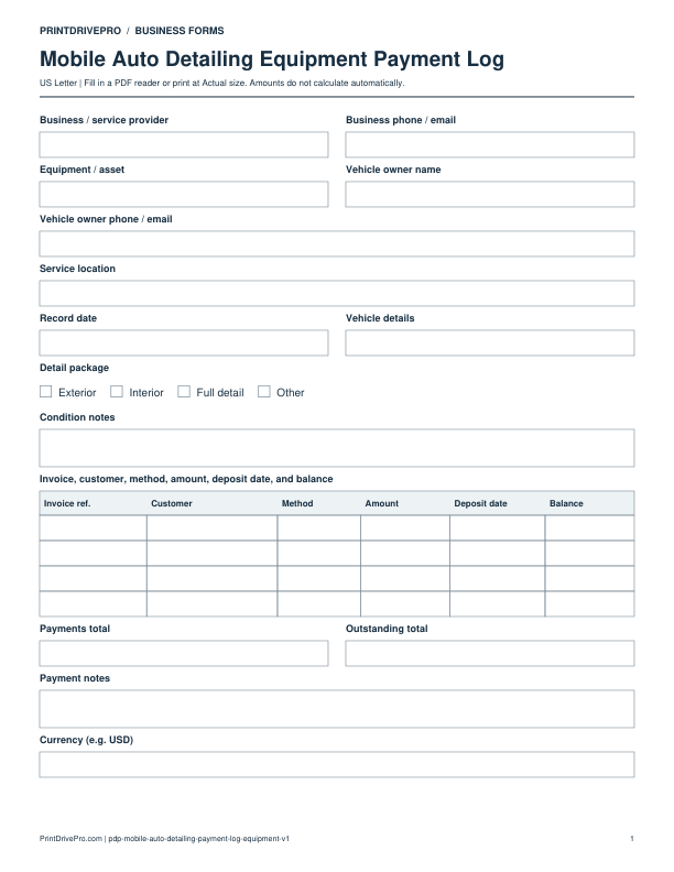 Preview of Mobile Auto Detailing Equipment Payment Log