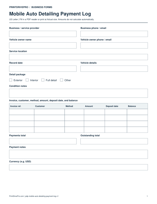 Preview of Mobile Auto Detailing Payment Log