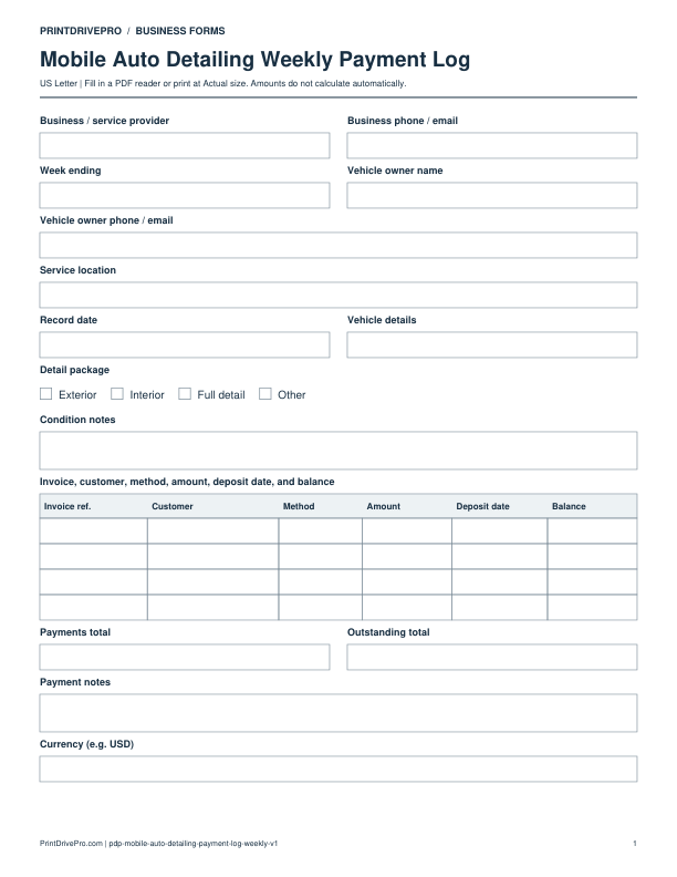 Preview of Mobile Auto Detailing Weekly Payment Log