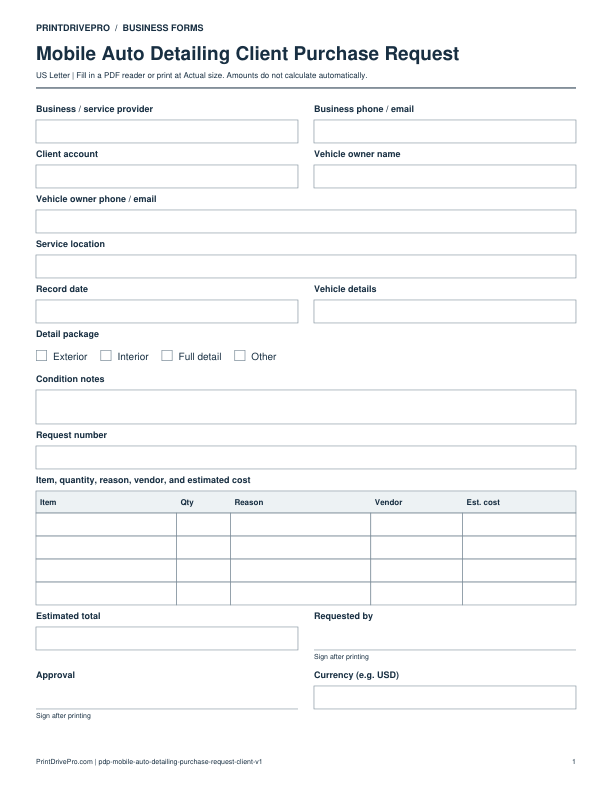 Preview of Mobile Auto Detailing Client Purchase Request