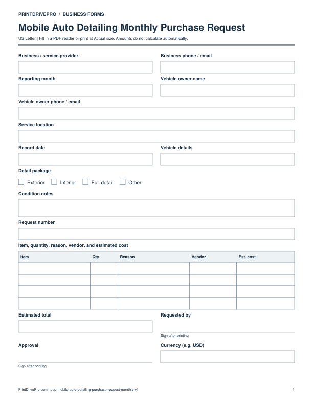 Preview of Mobile Auto Detailing Monthly Purchase Request
