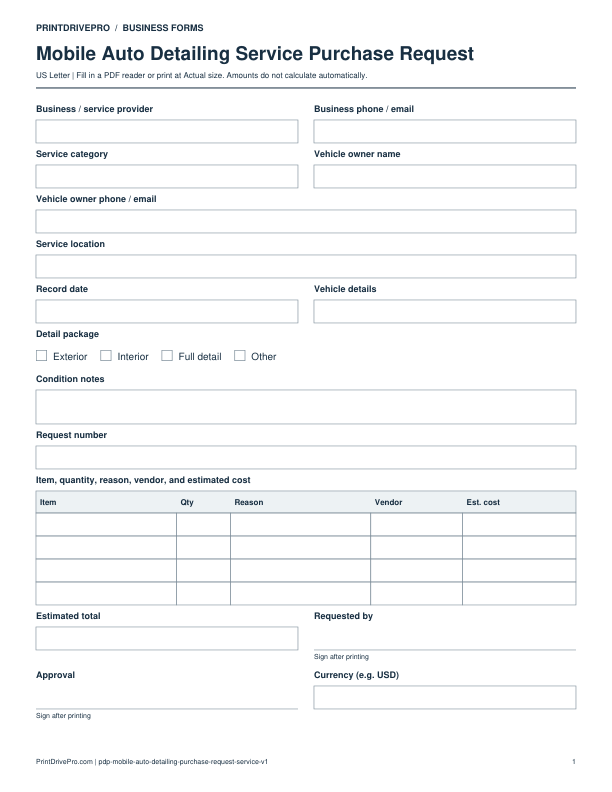 Preview of Mobile Auto Detailing Service Purchase Request