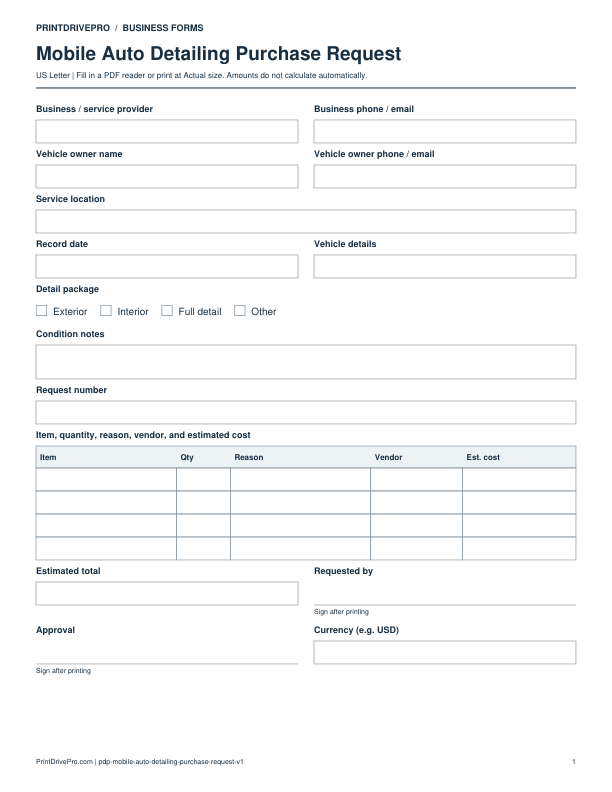 Preview of Mobile Auto Detailing Purchase Request