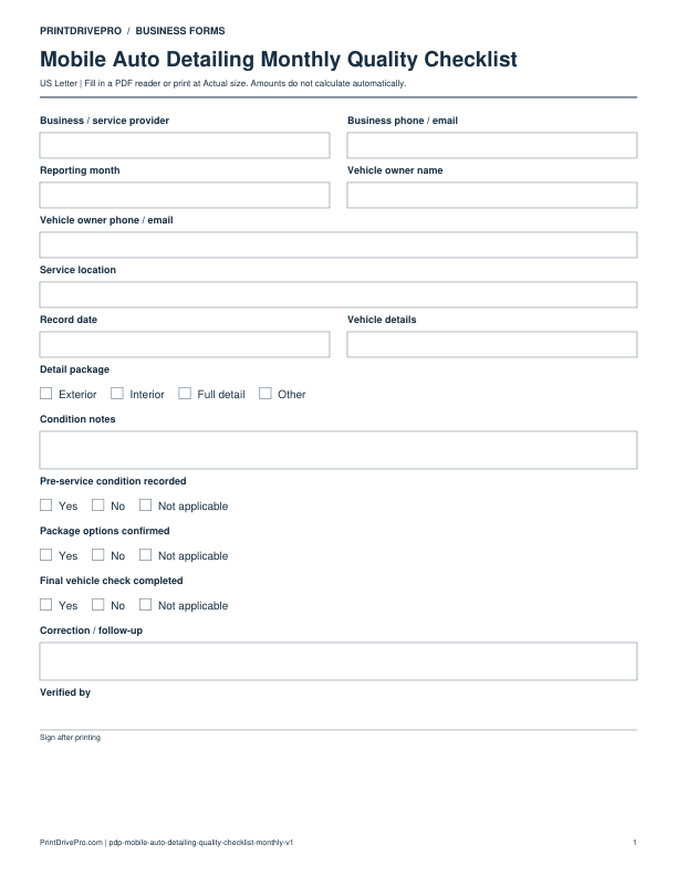 Preview of Mobile Auto Detailing Monthly Quality Checklist