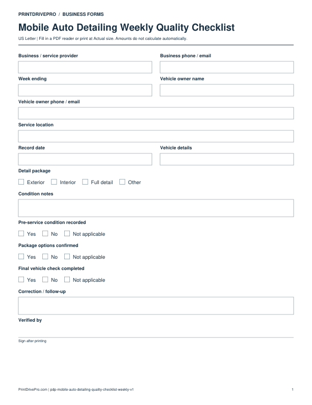 Preview of Mobile Auto Detailing Weekly Quality Checklist
