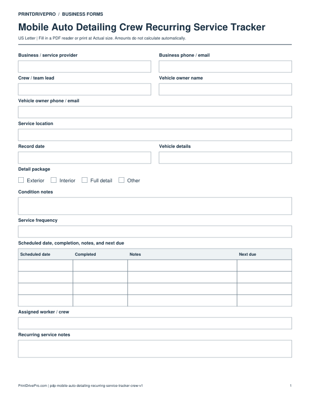 Preview of Mobile Auto Detailing Crew Recurring Service Tracker