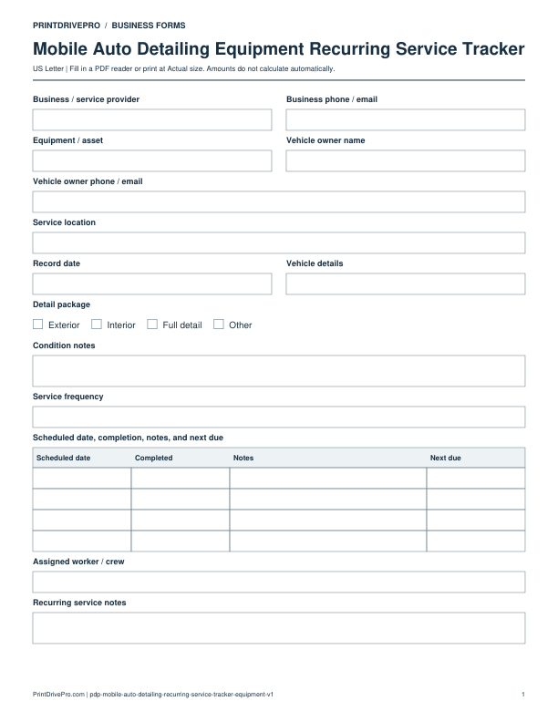 Preview of Mobile Auto Detailing Equipment Recurring Service Tracker