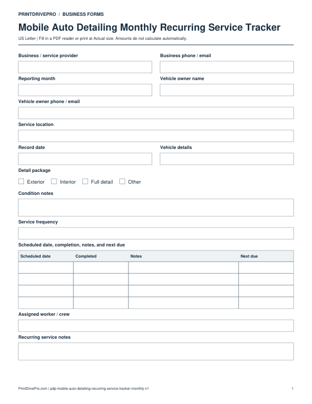 Preview of Mobile Auto Detailing Monthly Recurring Service Tracker