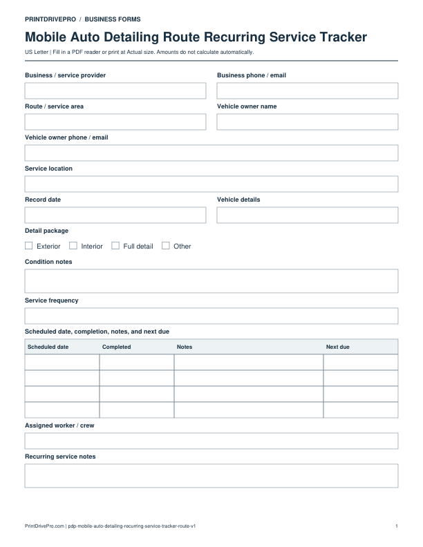 Preview of Mobile Auto Detailing Route Recurring Service Tracker