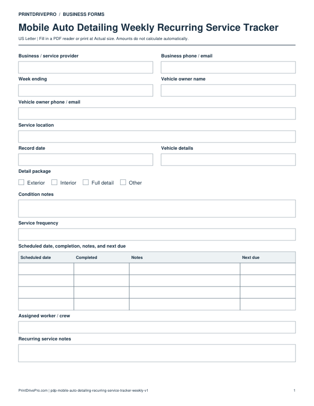 Preview of Mobile Auto Detailing Weekly Recurring Service Tracker