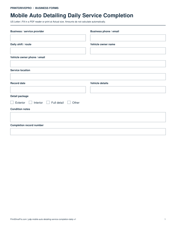 Preview of Mobile Auto Detailing Daily Service Completion
