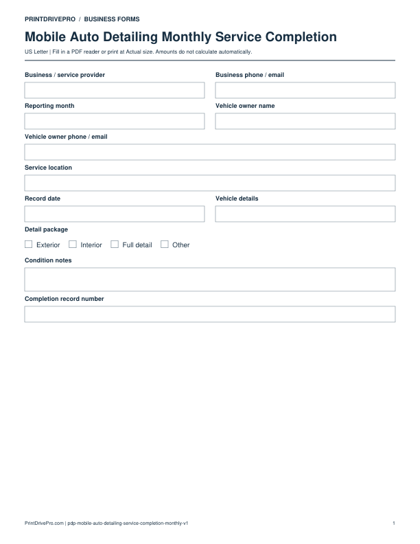 Preview of Mobile Auto Detailing Monthly Service Completion