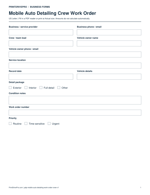 Preview of Mobile Auto Detailing Crew Work Order