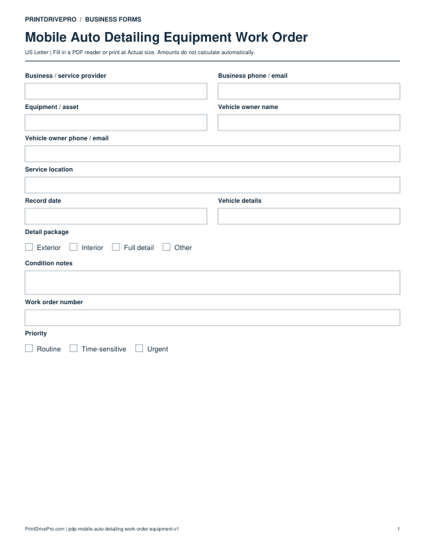 Preview of Mobile Auto Detailing Equipment Work Order