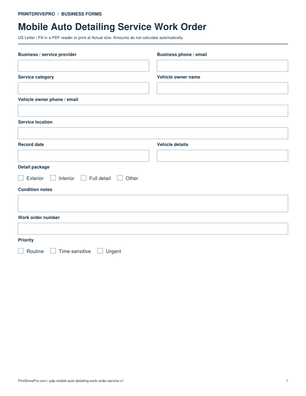 Preview of Mobile Auto Detailing Service Work Order