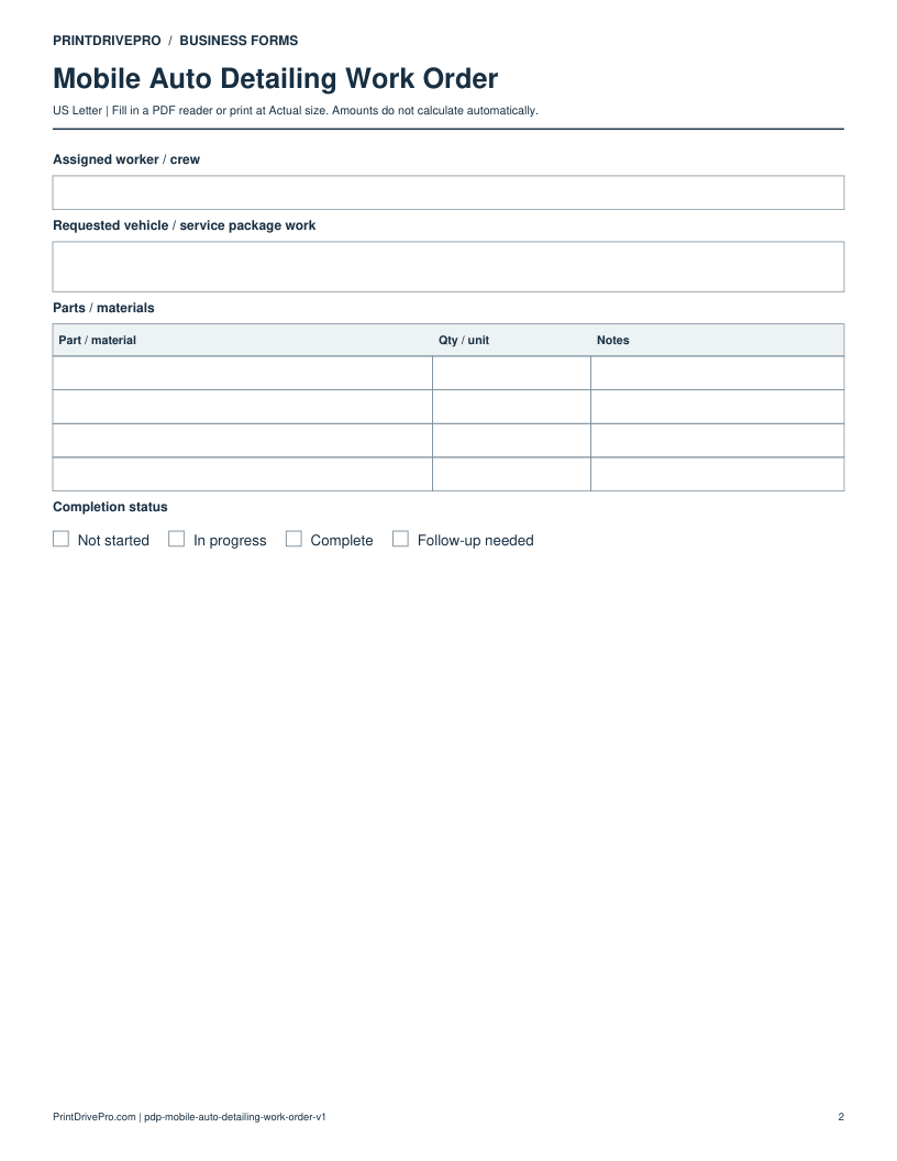 Page 2 of Mobile Auto Detailing Work Order Printable