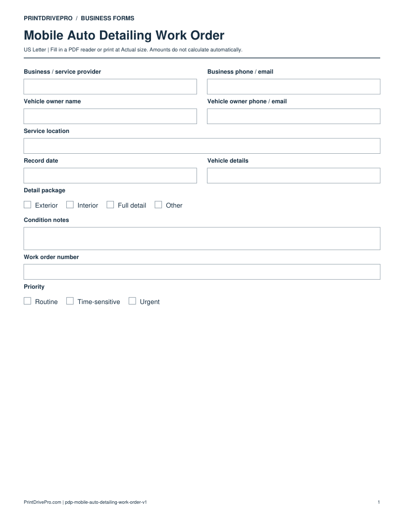 Preview of Mobile Auto Detailing Work Order