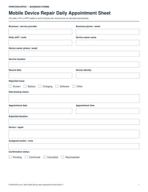 Preview of Mobile Device Repair Daily Appointment Sheet