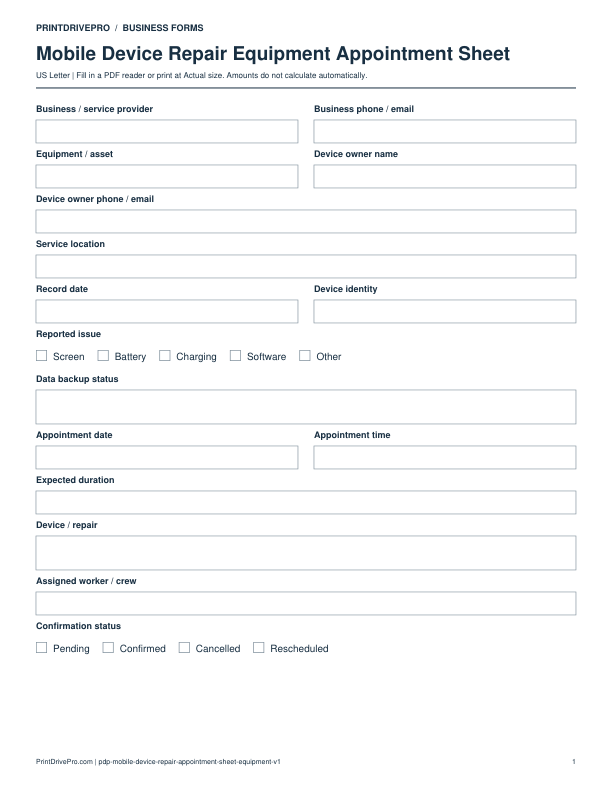 Preview of Mobile Device Repair Equipment Appointment Sheet
