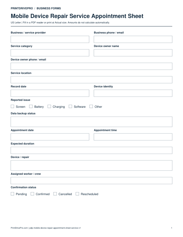 Preview of Mobile Device Repair Service Appointment Sheet