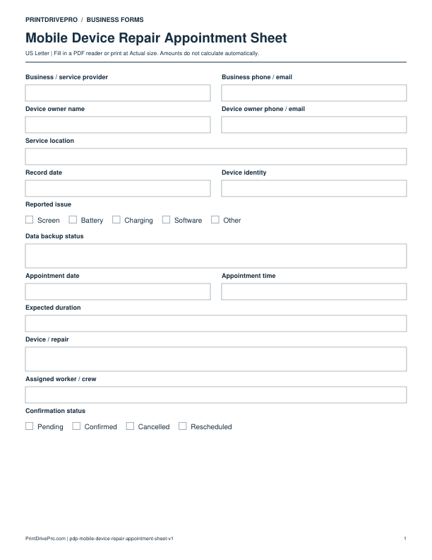 Preview of Mobile Device Repair Appointment Sheet