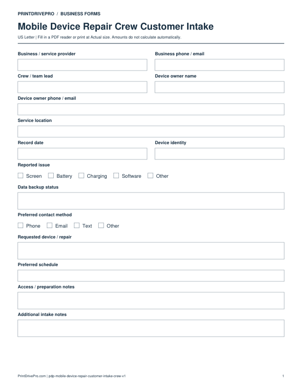 Preview of Mobile Device Repair Crew Customer Intake