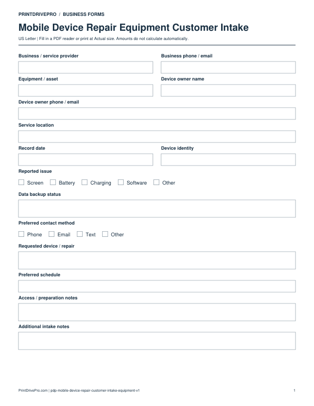 Preview of Mobile Device Repair Equipment Customer Intake