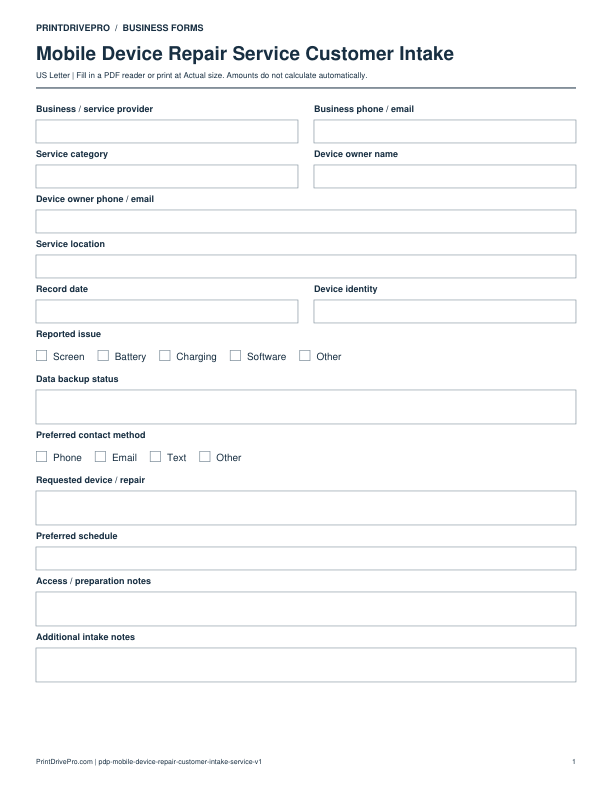 Preview of Mobile Device Repair Service Customer Intake