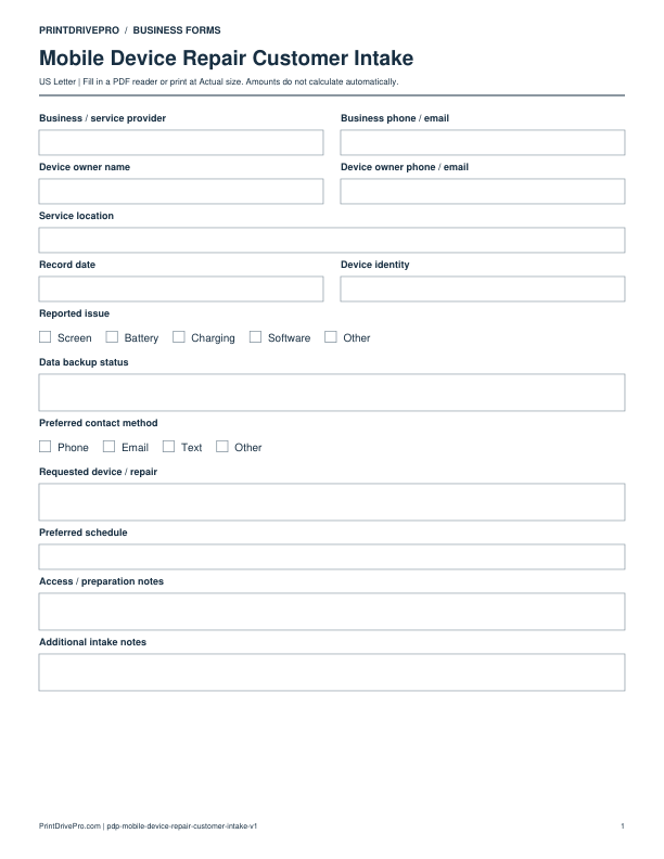Preview of Mobile Device Repair Customer Intake