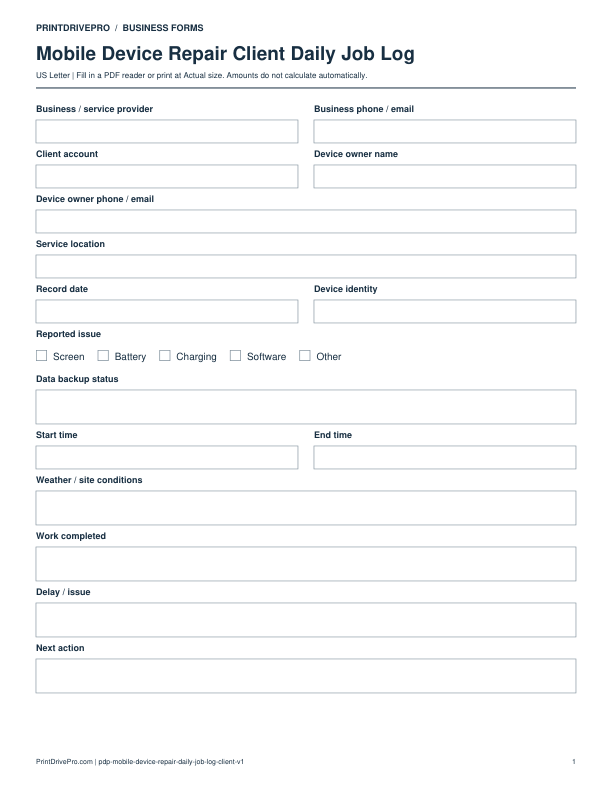 Preview of Mobile Device Repair Client Daily Job Log