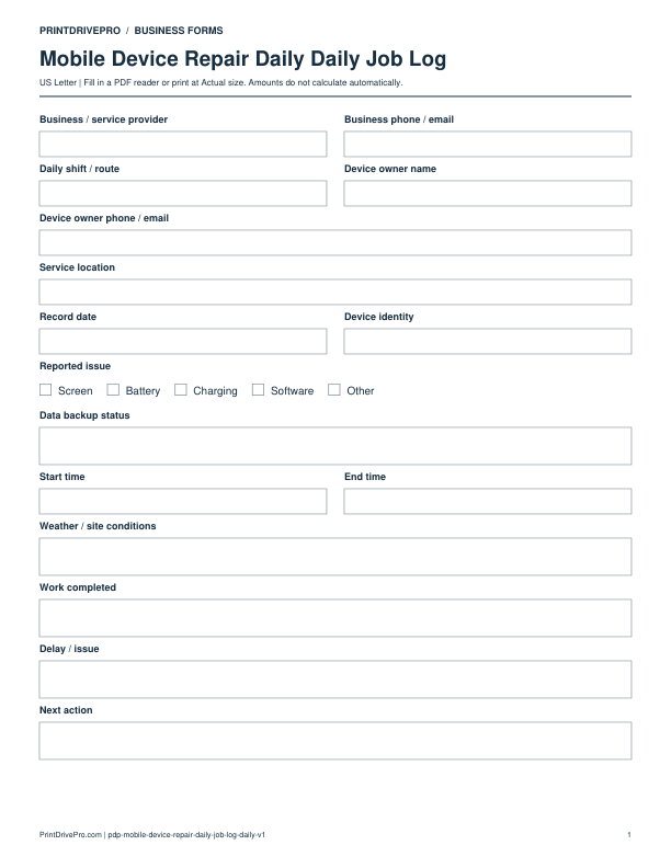 Preview of Mobile Device Repair Daily Daily Job Log