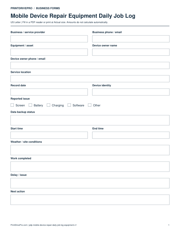 Preview of Mobile Device Repair Equipment Daily Job Log