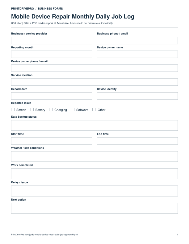 Preview of Mobile Device Repair Monthly Daily Job Log