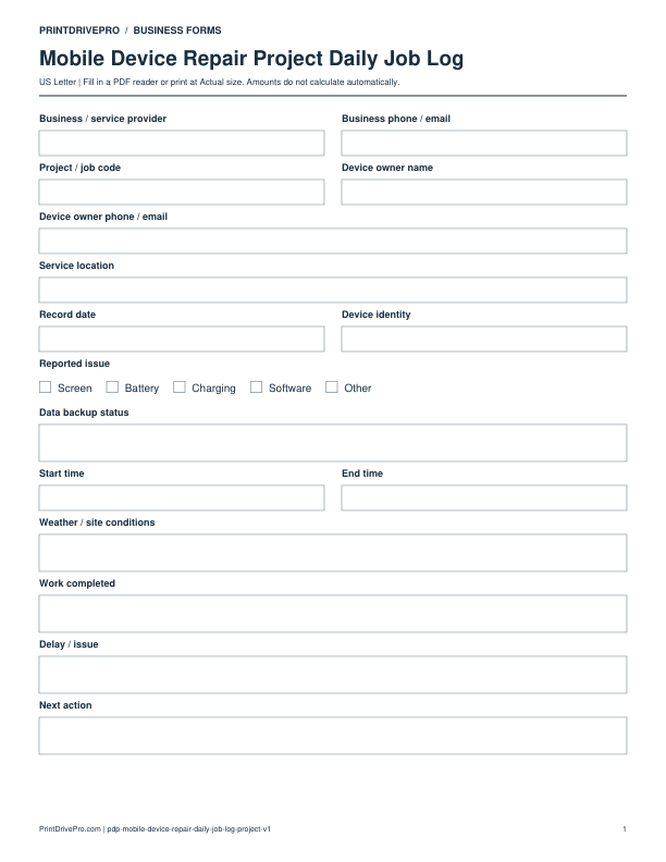 Preview of Mobile Device Repair Project Daily Job Log