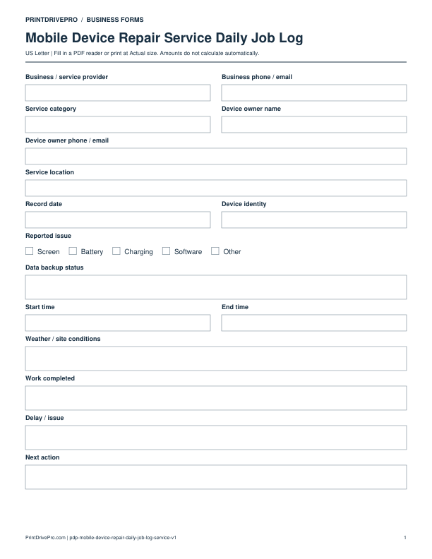 Preview of Mobile Device Repair Service Daily Job Log